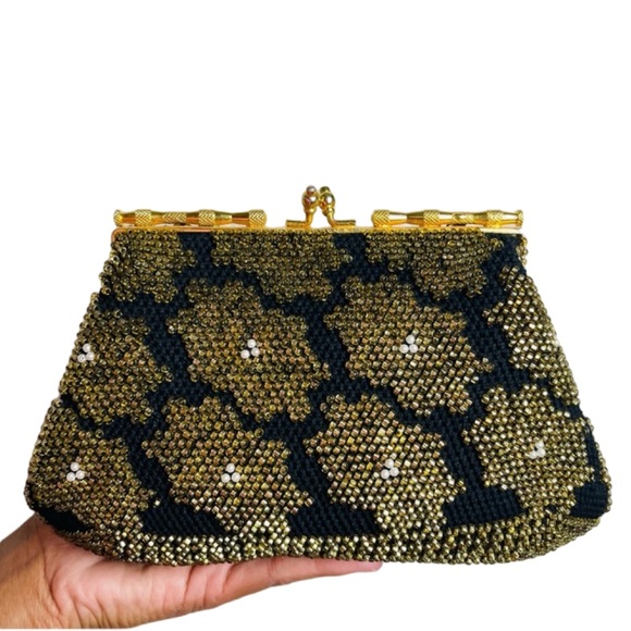 Handbags - Vintage Black & Gold Floral Beaded Embellished Clutch